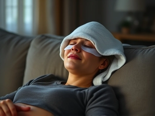 A peaceful scene of a person relaxing on a soft sofa, with a warm, damp towel gently placed over their eyes. The room is dimly lit, creating a cozy and comfortable atmosphere. The focus is on the feeling of relief and relaxation from eye strain, with soft light hinting at warmth and comfort.