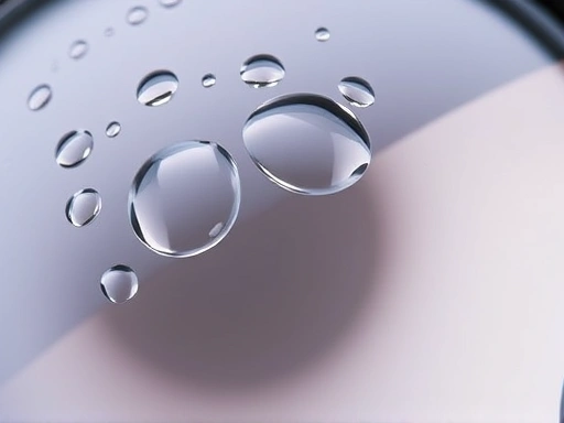 A close-up, macro shot demonstrating the effects of a water-repellent lens coating, with perfectly beaded water droplets on the lens surface, showcasing the hydrophobic effect. Emphasize clarity, smooth surface, and the way water actively repels from the lens. SEO keywords: water-repellent lens, hydrophobic coating, clear optics.