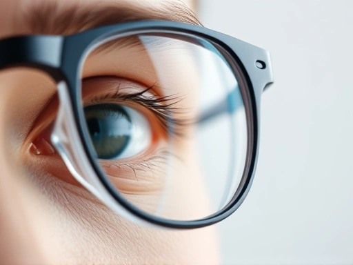A clear, close-up shot of an eyeglass lens, showing a subtle protective coating, perhaps with a slight reflection, symbolizing advanced lens technology and perfect vision. Focus on clarity and a high-tech feel, with light rays subtly passing through. Minimal background, clean and modern. SEO keywords: eyeglass lens, protective coating, vision technology.