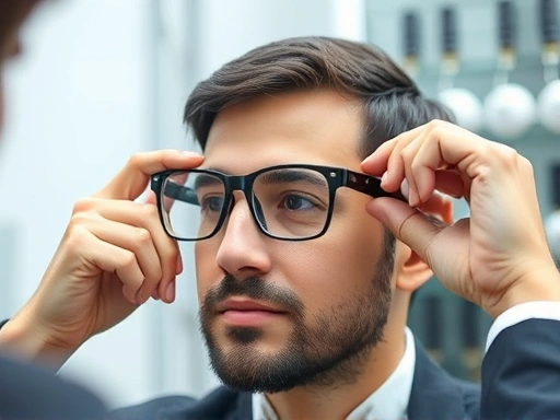 A professional optician carefully adjusting the frame of a pair of glasses on a person's face, highlighting precision and expertise in glasses fitting and eye care.