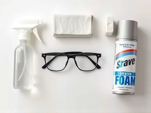 A detailed top-down view of various anti-fog solutions for glasses, showing a spray bottle, a specialized cloth, a bar of soap, and a shaving foam can, arranged neatly on a clean surface, with a pair of glasses at the center. The image should convey a sense of practicality and comparison, using neutral lighting and a modern aesthetic. Focus on clarity and the range of options.