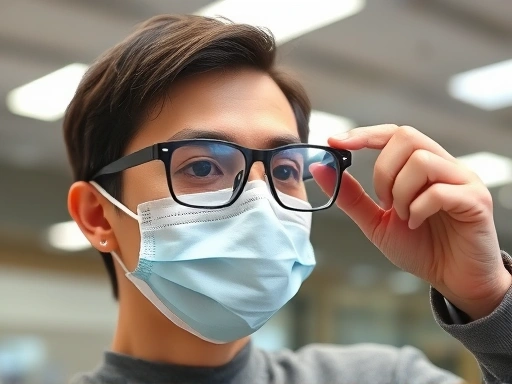 A person wearing glasses and a face mask, with clear glasses, showing a simple, effective anti-fogging method in a well-lit indoor setting, focusing on practical solutions.