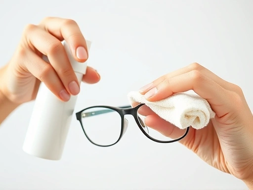 Close-up shot of hands applying an anti-fog spray or wiping glasses with a special cloth, highlighting the practical details of glasses care, with a clean background.