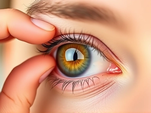 A person gently inserting a rigid gas permeable (RGP) contact lens into their eye, focusing on the careful, precise motion. The scene is bright and clean, emphasizing the initial adaptation process for new hard lens wearers.