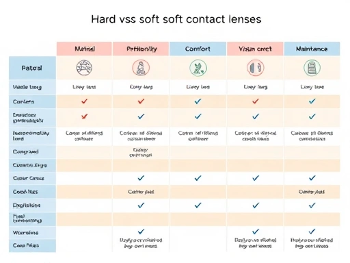 A detailed comparison table showing the differences between hard and soft contact lenses, with clear icons and distinct sections for each lens type. Focus on material, oxygen permeability, comfort, vision correction, and maintenance. The table should be clear and easy to read. Lens care comparison.