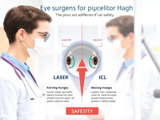 A detailed, clear image illustrating the concept of different eye surgeries for high myopia, with a focus on safety, perhaps showing a comparison diagram of LASEK and ICL procedures in a professional medical setting, incorporating keywords like 'high myopia', 'LASEK', 'ICL', and 'safety'.