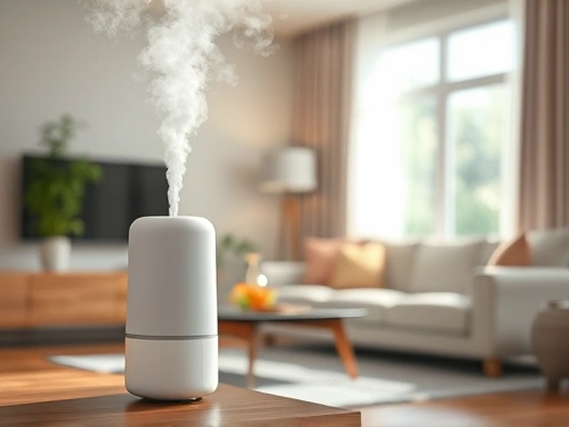 A detailed illustration of a modern humidifier emitting a fine, clean mist in a cozy living room with soft natural light, highlighting the importance of indoor humidity for overall well-being and clear vision. Focus on a comfortable, healthy environment.