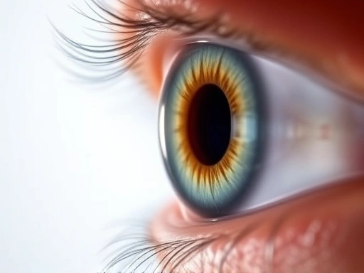 A close-up side profile of an eye with an ICL, showing the distinction between the natural lens and the implanted ICL. The image should convey clarity and subtle glow, emphasizing advanced vision correction technology and the lens's placement behind the iris.