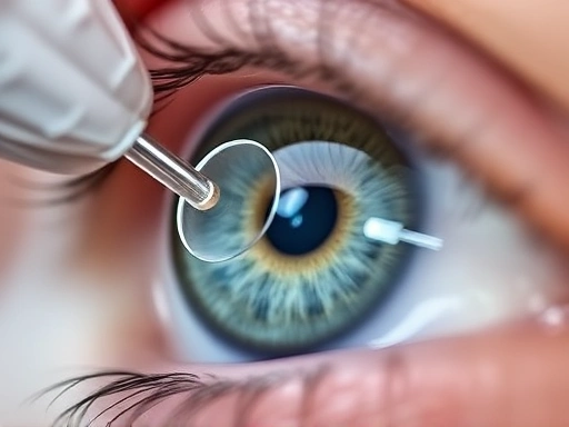 A detailed, clear image showing the transparent implantable collamer lens (ICL) being gently inserted into an eye, highlighting the delicate procedure. The lens should be visible against the eye's natural structures, emphasizing precision. Use a calm, professional aesthetic.
