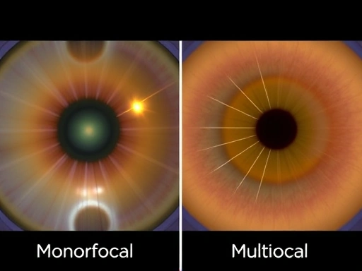 A close-up comparison image of different intraocular lens (IOL) types, specifically monofocal and multifocal, showing their distinct light refraction patterns. Include keywords: IOL, intraocular lens, monofocal, multifocal, optics, vision correction.