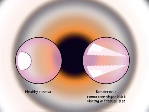 A detailed diagram illustrating a healthy cornea compared to a keratoconic cornea with a visible cone-shaped bulge, emphasizing the thinning and irregular shape, with a blurred vision effect in the background, suitable for a blog post on vision surgery complications.