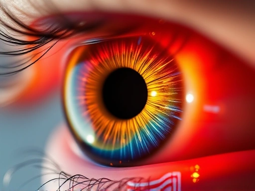 Close-up of an eye undergoing a corneal topography scan, showing the intricate color map of the corneal surface used to diagnose keratoconus, with a focus on advanced diagnostic technology for vision correction patients.