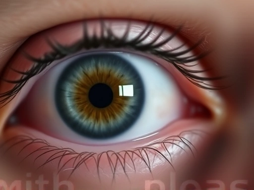 A close-up shot of an eye, looking slightly dry and irritated after LASIK surgery, with a faint, blurry image of an onion in the background, conveying the myth of onion tears. Focus on the eye's subtle discomfort and the indirect, almost whimsical presence of the onion. Lighting is soft and slightly muted to emphasize the medical context and the misconception.