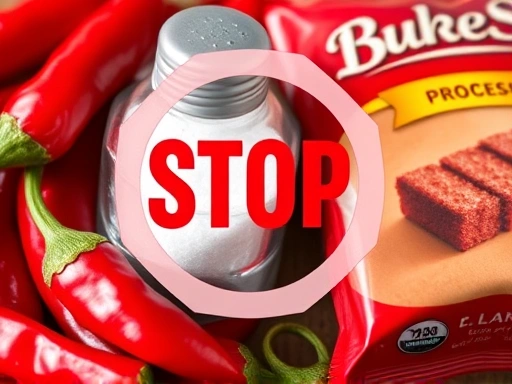 Close-up detailed image of red chili peppers, a salt shaker, and a processed food package, with a 