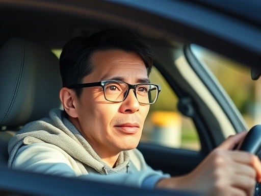 A person with clear, focused eyes, confidently driving a car during the daytime after successful eye surgery, emphasizing sharp vision and safety. The scene should convey a sense of normalcy and clear visibility.