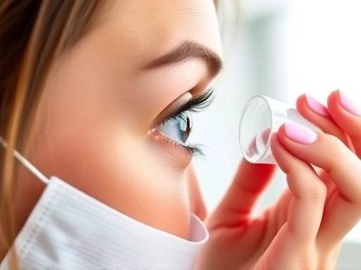 A person gently applying artificial tears to their eye after LASIK surgery, emphasizing post-operative dry eye relief and care, in a bright, clean clinic setting.