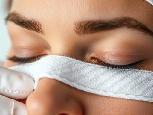 Close-up shot of a warm compress being applied to closed eyelids, highlighting soothing relief for dry eyes after LASIK, with soft steam rising.