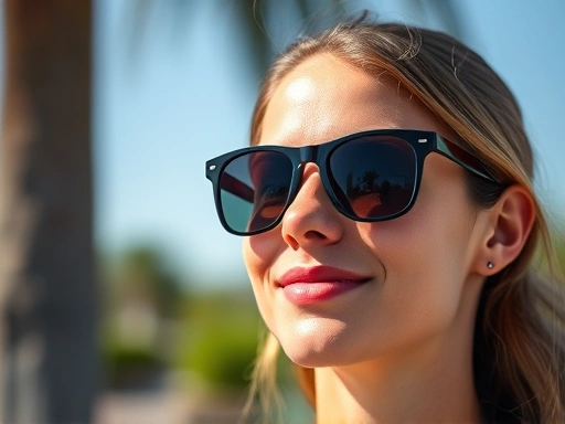 A person wearing sunglasses, looking confidently at a clear, vibrant outdoor scene. The image should convey long-term clear vision after LASIK, with emphasis on eye protection and bright, healthy eyes. Use vibrant colors and a natural setting.