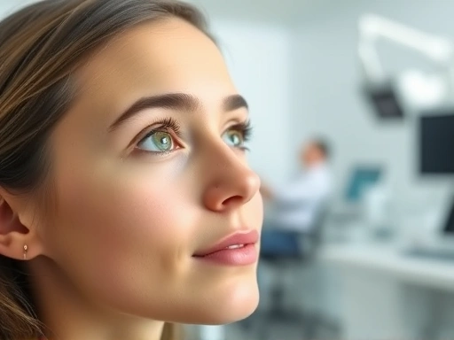 A person with clear, bright eyes looking confidently into the distance after successful eye surgery, set in a modern, clean clinic environment, emphasizing hope and improved vision.