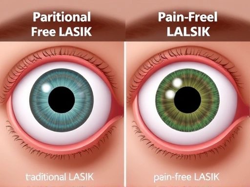 A side-by-side comparison illustrating the procedural differences between traditional LASIK and pain-free LASIK on animated eyes, highlighting distinct stages and technologies in a medical setting, clear and informative.