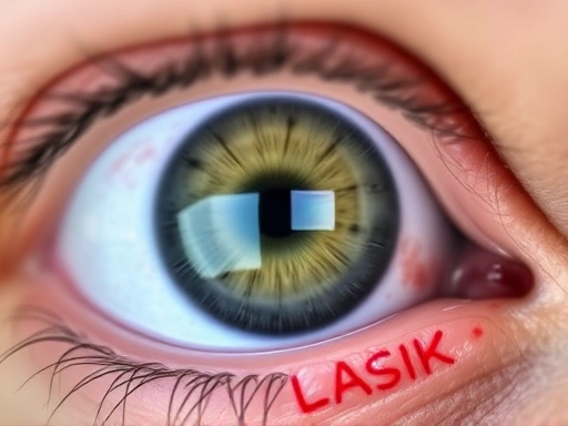 Detailed close-up of a blurred eye with red irritation, symbolizing common LASIK complications, dry eye, discomfort, worried expression.
