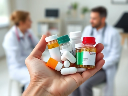 A close-up of a hand holding a variety of pill bottles, with a blurred background of a doctor's consultation room, emphasizing the crucial discussion about medication before eye surgery. The scene should be calm and reassuring.