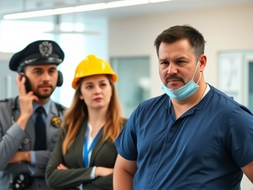 A diverse group of professionals (pilot, construction worker, surgeon, athlete) looking at their eyes with concern, considering LASIK/LASEK surgery, with a blurred background of a modern eye clinic, depicting the complexity of eye surgery decisions based on profession.