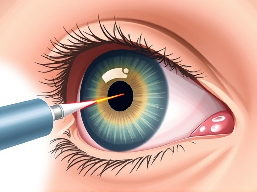 A detailed medical illustration of an eye undergoing LASIK reoperation, focusing on laser ablation on the cornea, with clear vision in the background. Keywords: LASIK, reoperation, eye surgery, vision correction, medical procedure.