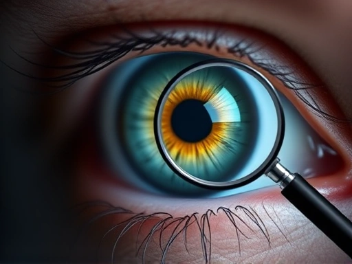 A conceptual image showing an eye with subtle warning signs like a slight redness or a blurred area, symbolizing potential side effects like increased eye pressure, with a magnifying glass highlighting the delicate iris. Emphasize the need for vigilance after using steroid eye drops.