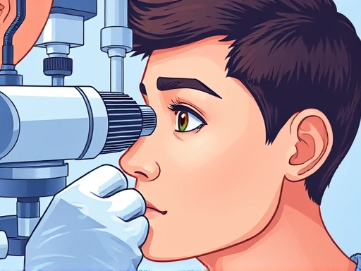 A detailed illustration of a person having their eye checked by an ophthalmologist, showing advanced medical equipment and a focus on long-term vision health after correction surgery, incorporating keywords like 'long-term vision correction', 'eye health', 'ophthalmologist'.