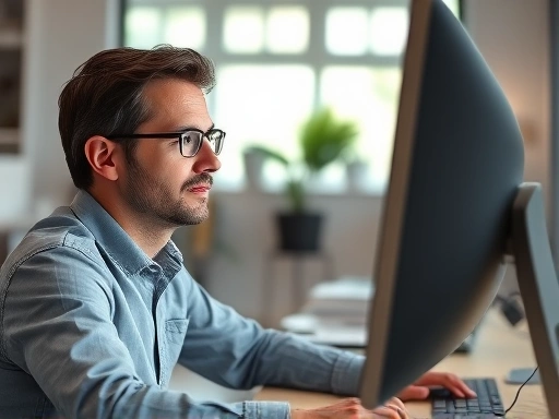 A person looking comfortably at a computer screen in a well-lit office, showing optimal monitor brightness and contrast for eye health, with a serene and focused expression, emphasizing a balanced lighting environment.