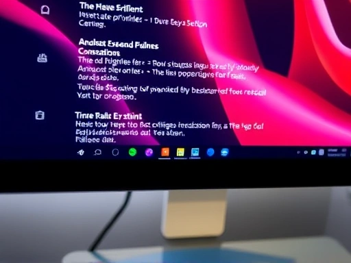 Close-up of a monitor screen displaying clear, sharp text and vibrant images, highlighting the subtle differences in brightness and contrast settings that contribute to reduced eye strain, with a soft ambient glow.