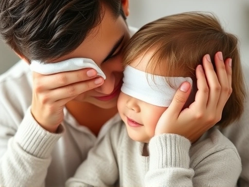 A comforting scene of a parent gently applying a cold compress to their child's eyes, illustrating a practical home management method for eye allergy relief. Soft, caring atmosphere.