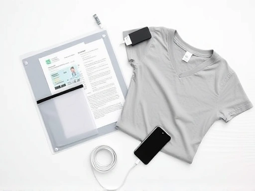 A detailed flat lay of essential items for surgery day on a clean white surface: a clear document folder with ID and papers, a small toiletry bag, a phone charger, and a comfortable t-shirt, all neatly arranged. Emphasize preparedness and organization.