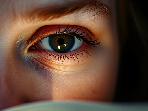 A close-up shot of a person's eye looking down at a book, showing the smooth transition of focus through a progressive lens, with subtle light reflections on the lens surface. Detail-oriented, realistic, high-definition.