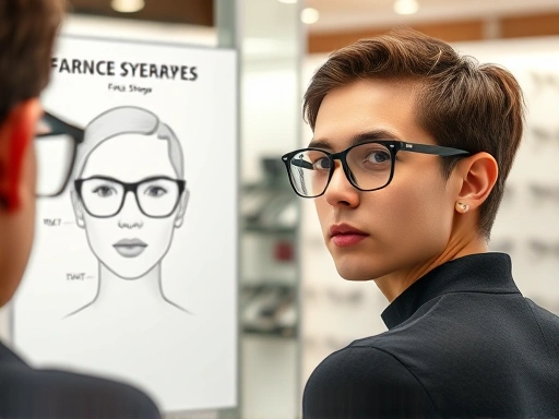 A person standing in front of a mirror in an optical store, thoughtfully trying on different eyeglasses to match their face shape, with a subtle diagram overlay showing common face shapes. Focused on the face and frames, reflecting good lighting and clarity, embodying the process of choosing the best frame for face shape.