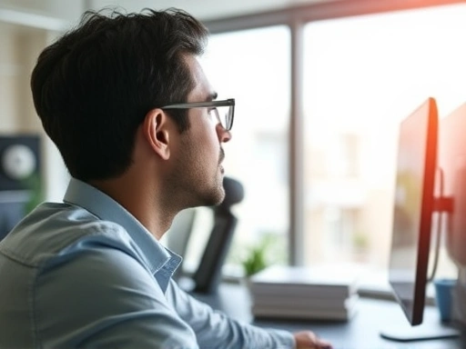 A person looking away from a computer screen, focusing on a distant object through a window, illustrating eye strain relief and the 20-20-20 rule. Soft lighting, modern office setting. Focus on eye health.