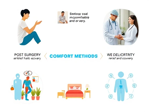 A professional, clean image showing various aspects of post-surgery recovery, including a person doing gentle rehabilitation exercises, a doctor consulting a patient, and elements representing comfort and healing, all focusing on relief methods for discomfort.