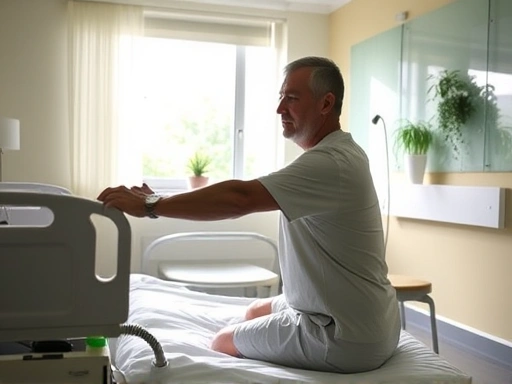 A person cautiously trying light stretches in a bright, modern recovery room, with sunlight coming through a window, suggesting a safe and gradual return to activity after surgery, incorporating elements like medical journals or a water bottle.