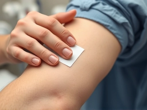 A close-up of a hand gently applying a patch on an arm, with faint incision lines visible, emphasizing careful post-surgery care for skin or wound, with a blurred background of medical equipment or a clean environment.