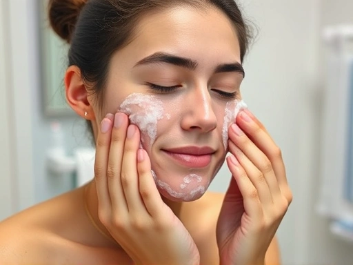 A person gently washing their face after a minor surgery, focusing on avoiding the wound area, with soft lighting and a clean bathroom setting. Keywords: post-surgery hygiene, gentle face wash.