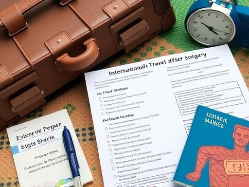 A detailed checklist for international travel after surgery, focusing on essential preparations and medical considerations, set against a backdrop of a packed suitcase and travel documents.