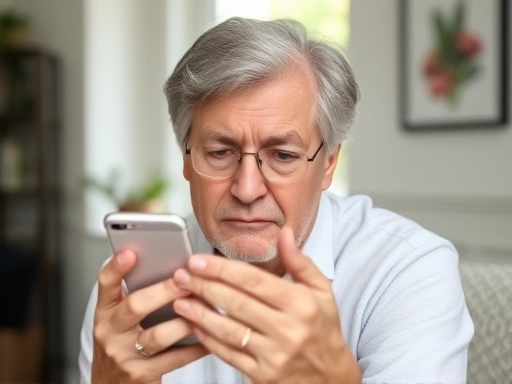 A middle-aged person, likely in their 40s or 50s, holding a smartphone and squinting slightly, showing signs of eye strain or difficulty reading small text on the screen, in a well-lit home or office setting, conveying presbyopia symptoms.