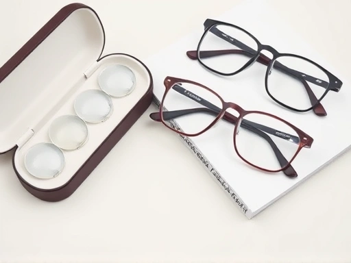 Close-up of a neatly arranged collection of modern eyewear alternatives for presbyopia, including multifocal contact lenses in a case, a pair of stylish progressive lenses on a book, and possibly a minimalist pinhole glasses, on a clean, light-colored surface.