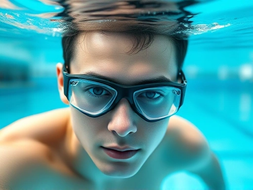 A person with clear vision underwater wearing well-fitting prescription swim goggles, showing comfort and focus, surrounded by light blue water, with a subtle blend of indoor pool elements.