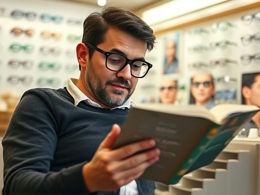 A person comfortably reading a book with progressive lenses, showing clarity for both near and far vision, in a modern, well-lit optical shop, emphasizing affordability and good value.