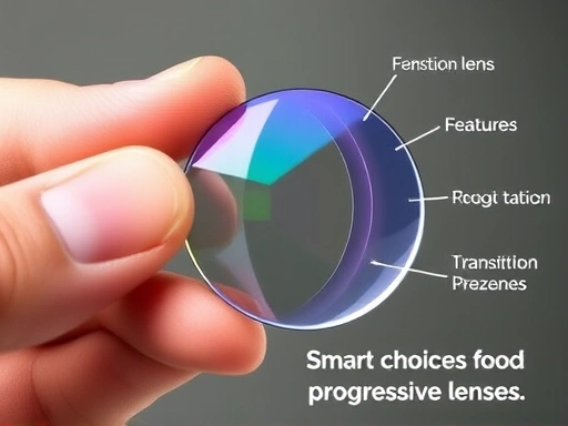 Close-up of a progressive lens showing the subtle transition zones, held by an optician's hand pointing out features, symbolizing smart choices for affordable progressive lenses.