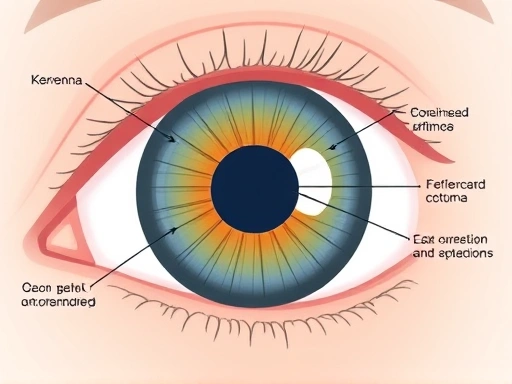 A close-up, clear illustration of the different layers of the human eye, specifically focusing on the cornea and showing how laser correction or lens implantation might be done. The image should be clean, precise, and educational, emphasizing recorrection methods and eye anatomy.