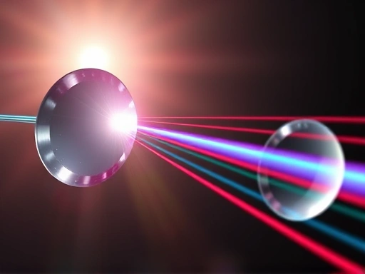 A detailed, abstract image illustrating light bending through different refractive index materials, with clear light rays entering and exiting various optical elements, emphasizing the concept of refraction and its effect on light path, incorporating keywords 