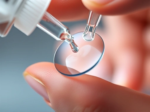 A close-up of a hand carefully cleaning an RGP contact lens with specialized solution, highlighting the intricate details of lens care and hygiene. The background is blurred, drawing attention to the meticulous cleaning process.